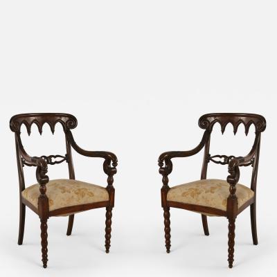 Pair of English Gothic Style Mahogany and Gold Damask Armchairs