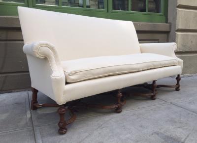 Pair of English High Back Antique Walnut Sofas in Linen
