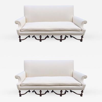 Pair of English High Back Antique Walnut Sofas in Linen