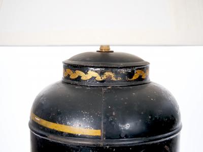 Pair of English Late 19th Century Black Painted Tole Canister Table Lamps