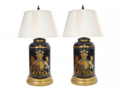 Pair of English Late 19th Century Black Painted Tole Canister Table Lamps