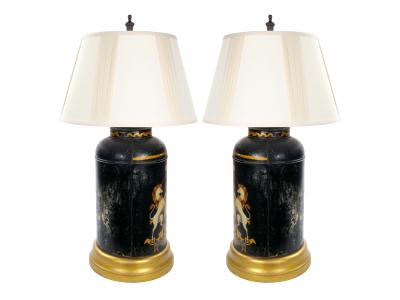 Pair of English Late 19th Century Black Painted Tole Canister Table Lamps