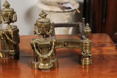 Pair of English Neoclassical Style Brass Andirons circa 1860 with Fire Urns