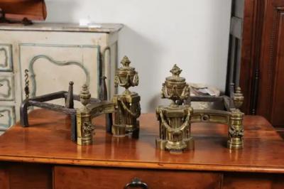 Pair of English Neoclassical Style Brass Andirons circa 1860 with Fire Urns