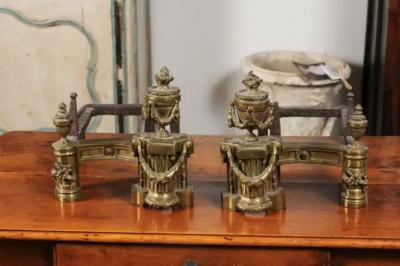 Pair of English Neoclassical Style Brass Andirons circa 1860 with Fire Urns