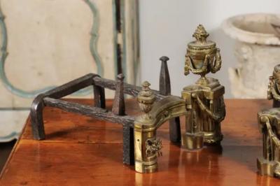 Pair of English Neoclassical Style Brass Andirons circa 1860 with Fire Urns