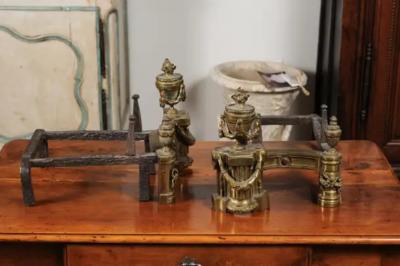 Pair of English Neoclassical Style Brass Andirons circa 1860 with Fire Urns
