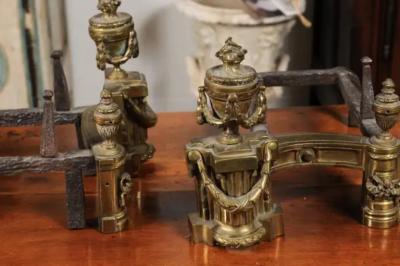 Pair of English Neoclassical Style Brass Andirons circa 1860 with Fire Urns