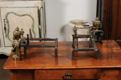 Pair of English Neoclassical Style Brass Andirons circa 1860 with Fire Urns