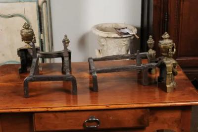Pair of English Neoclassical Style Brass Andirons circa 1860 with Fire Urns
