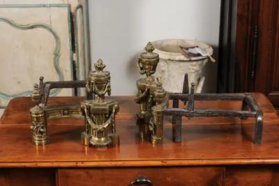 Pair of English Neoclassical Style Brass Andirons circa 1860 with Fire Urns