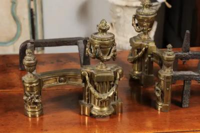 Pair of English Neoclassical Style Brass Andirons circa 1860 with Fire Urns