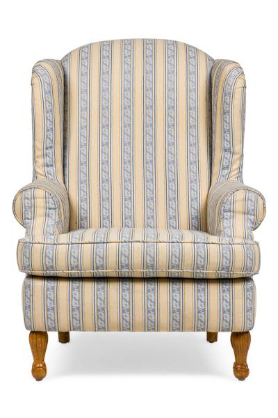 Pair of English Queen Anne Blue and Off White striped WIng Back Chairs