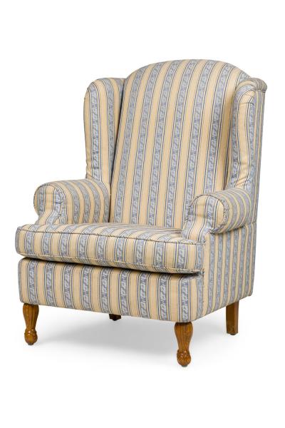 Pair of English Queen Anne Blue and Off White striped WIng Back Chairs