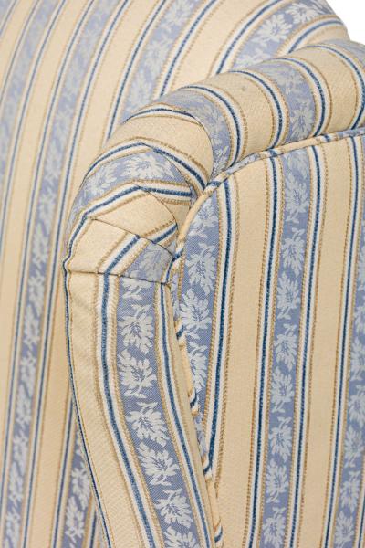 Pair of English Queen Anne Blue and Off White striped WIng Back Chairs