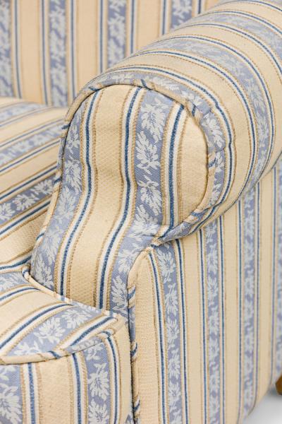 Pair of English Queen Anne Blue and Off White striped WIng Back Chairs
