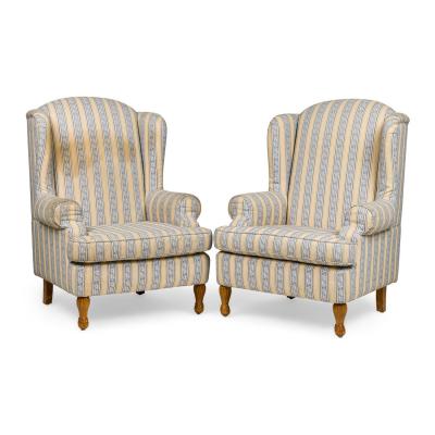 Pair of English Queen Anne Blue and Off White striped WIng Back Chairs