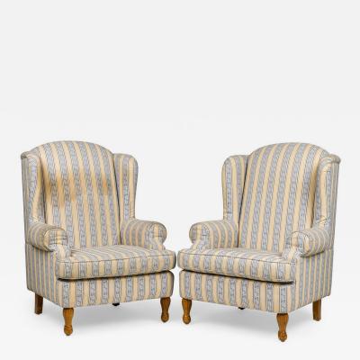 Pair of English Queen Anne Blue and Off White striped WIng Back Chairs