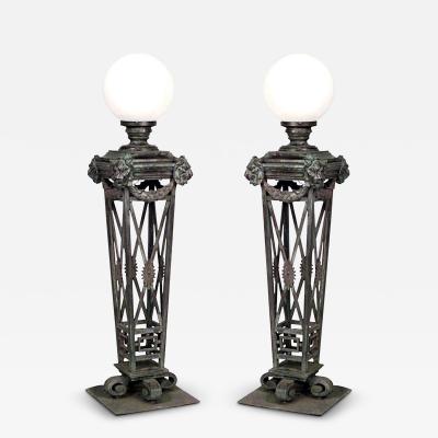 Pair of English Recency Style Outdoor Patinated Bronze Torchieres