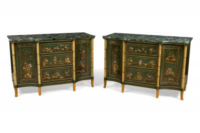 Pair of English Regency Chinoiserie Faux Bamboo and Green Marble Commodes