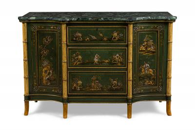 Pair of English Regency Chinoiserie Faux Bamboo and Green Marble Commodes