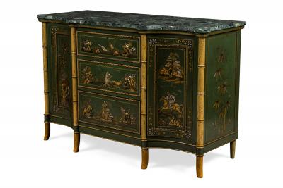 Pair of English Regency Chinoiserie Faux Bamboo and Green Marble Commodes
