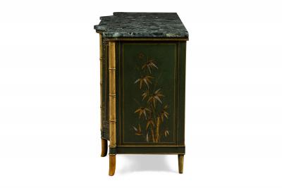 Pair of English Regency Chinoiserie Faux Bamboo and Green Marble Commodes