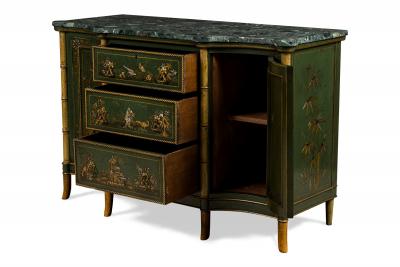 Pair of English Regency Chinoiserie Faux Bamboo and Green Marble Commodes