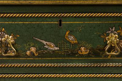 Pair of English Regency Chinoiserie Faux Bamboo and Green Marble Commodes
