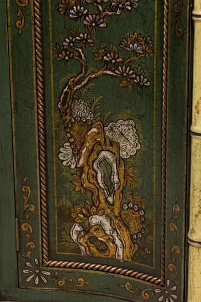 Pair of English Regency Chinoiserie Faux Bamboo and Green Marble Commodes