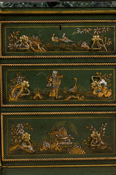 Pair of English Regency Chinoiserie Faux Bamboo and Green Marble Commodes