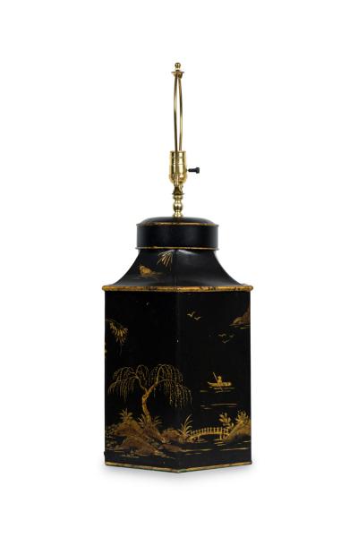 Pair of English Regency Chinoiserie Style Black And Gold Hexagonal Table Lamps