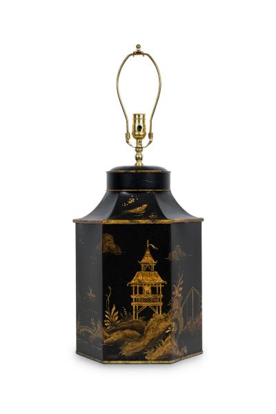 Pair of English Regency Chinoiserie Style Black And Gold Hexagonal Table Lamps