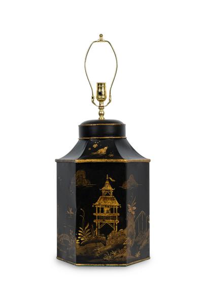 Pair of English Regency Chinoiserie Style Black And Gold Hexagonal Table Lamps