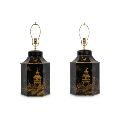 Pair of English Regency Chinoiserie Style Black And Gold Hexagonal Table Lamps