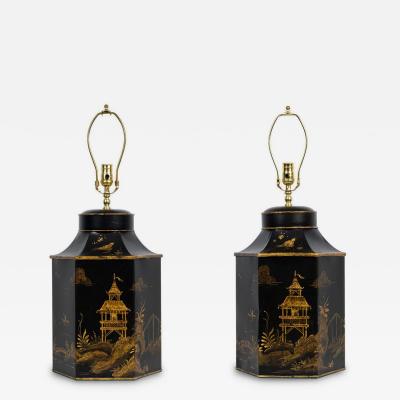 Pair of English Regency Chinoiserie Style Black And Gold Hexagonal Table Lamps