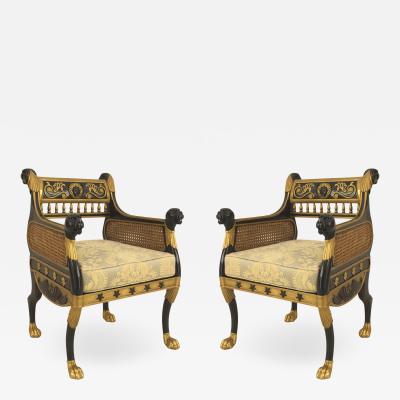 Pair of English Regency Ebonized Berga Arm Chairs