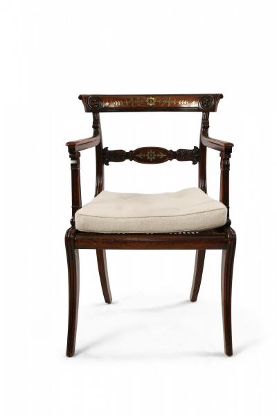 Pair of English Regency Style Brass Inlaid Oak and Cane Armchair