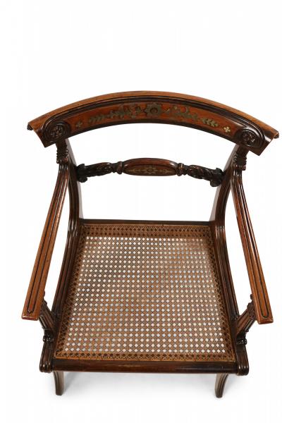 Pair of English Regency Style Brass Inlaid Oak and Cane Armchair