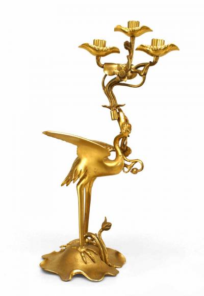 Pair of English Regency Style Bronze Dore Heron Candelabras