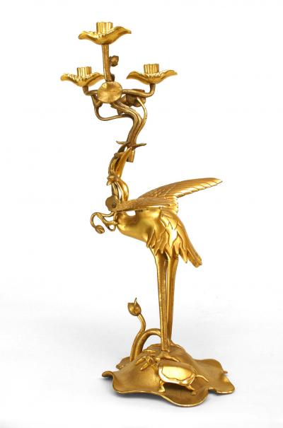 Pair of English Regency Style Bronze Dore Heron Candelabras