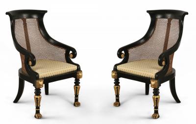 Pair of English Regency Style Carved Black and Giltwood Cane Back Armchairs