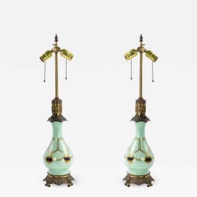 Pair of English Regency Style Celadon Glass Table Lamps