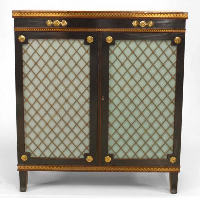 Pair of English Regency Style Ebonized Trill Doors Commodes