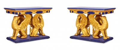Pair of English Regency Style Gilt Eagle Base and Faux Blue Stone Console Tables