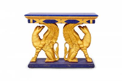 Pair of English Regency Style Gilt Eagle Base and Faux Blue Stone Console Tables