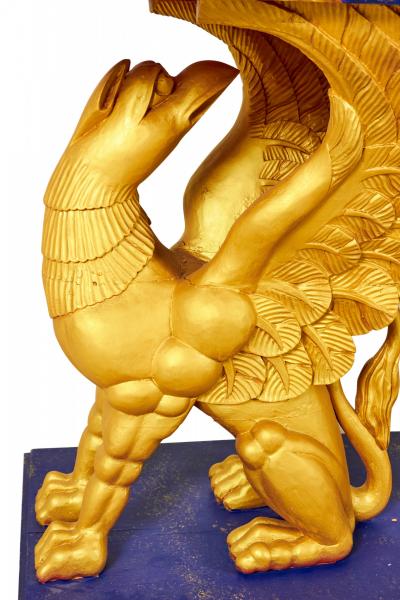 Pair of English Regency Style Gilt Eagle Base and Faux Blue Stone Console Tables