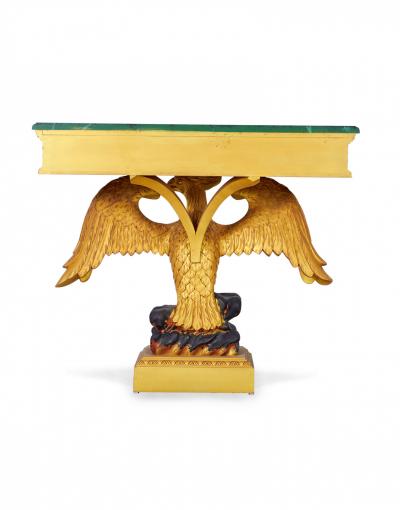 Pair of English Regency Style Gilt Eagle Base and Faux Marble Console Tables