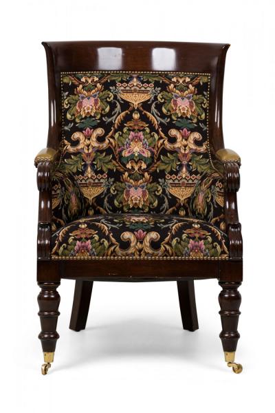Pair of English Regency Style Upholstered Bergeres in Tapestry Fabric