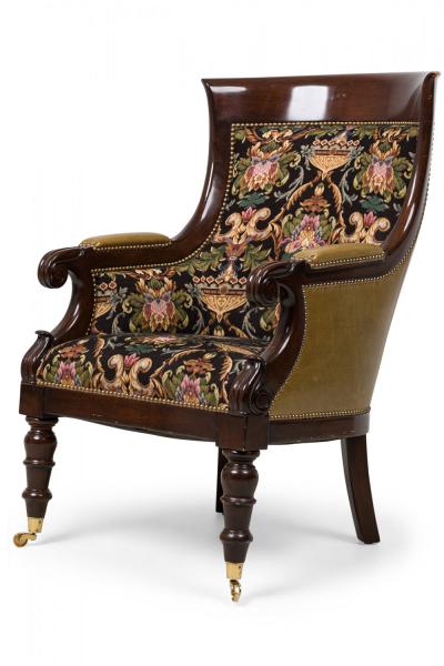 Pair of English Regency Style Upholstered Bergeres in Tapestry Fabric